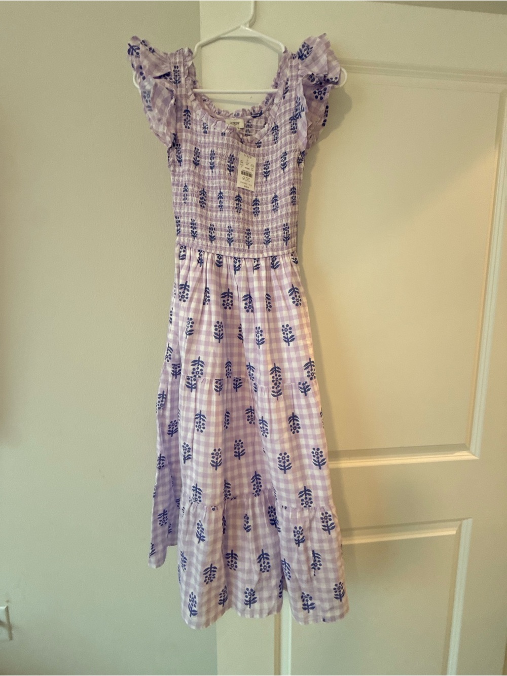 J. Crew Lavender Gingham Floral Smocked Midi Dress - Picture 4 of 8